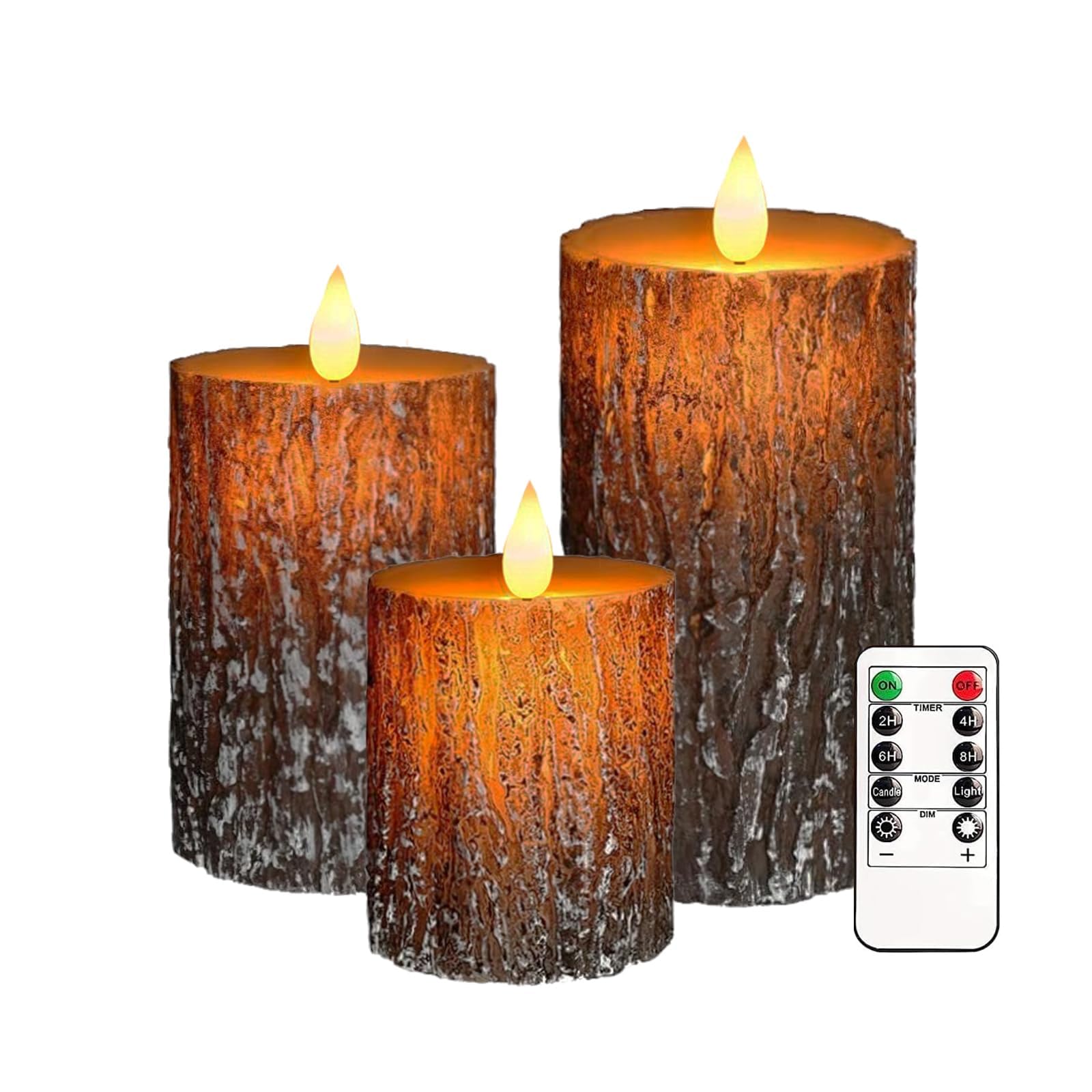 Aveki Bark Flickering Flameless Candles, Real Wax Battery Operated Led Candle With Remote Timer & Brightness Function, Set Of 3 Pillar Candles Lights Decor For Festival Wedding Home (Bark)