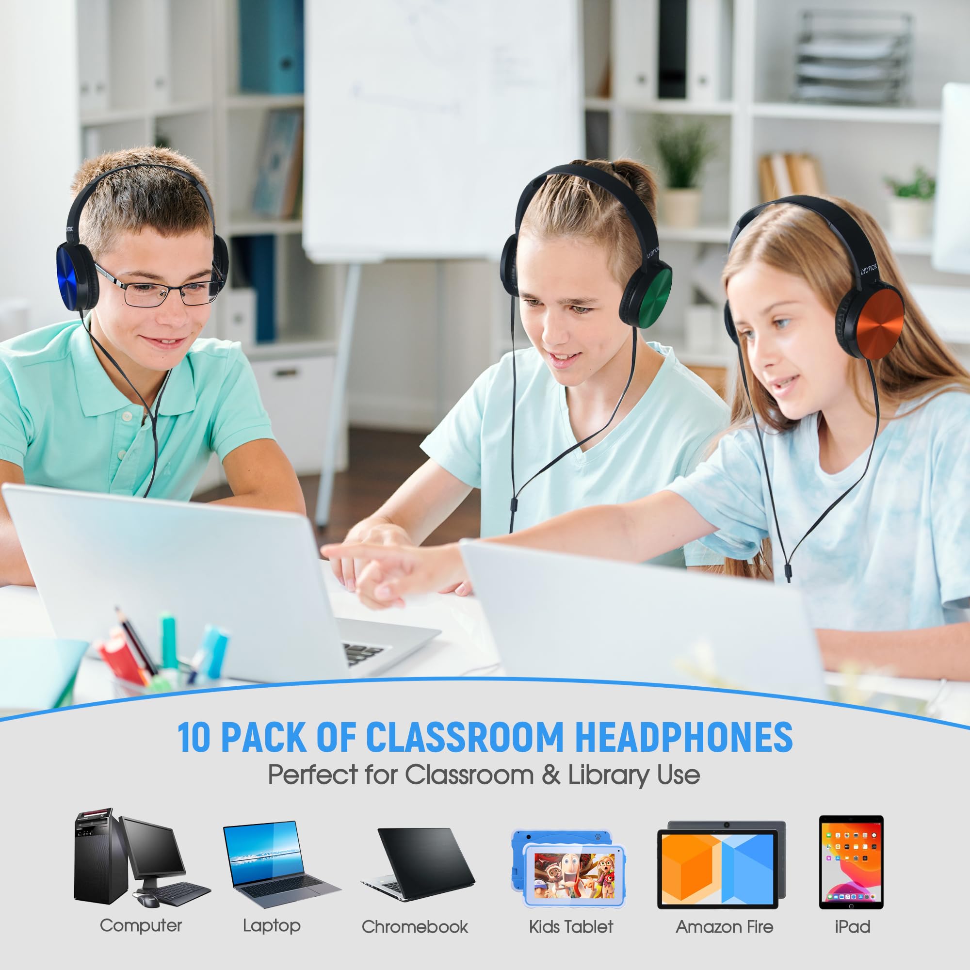 LYDTICK 10 Pack Kids Headphones Bulk for School Classroom, Over-Ear Headphones Wired School Supplies for Kids Students Teachers, 3.5mm Jack(Multicolor)