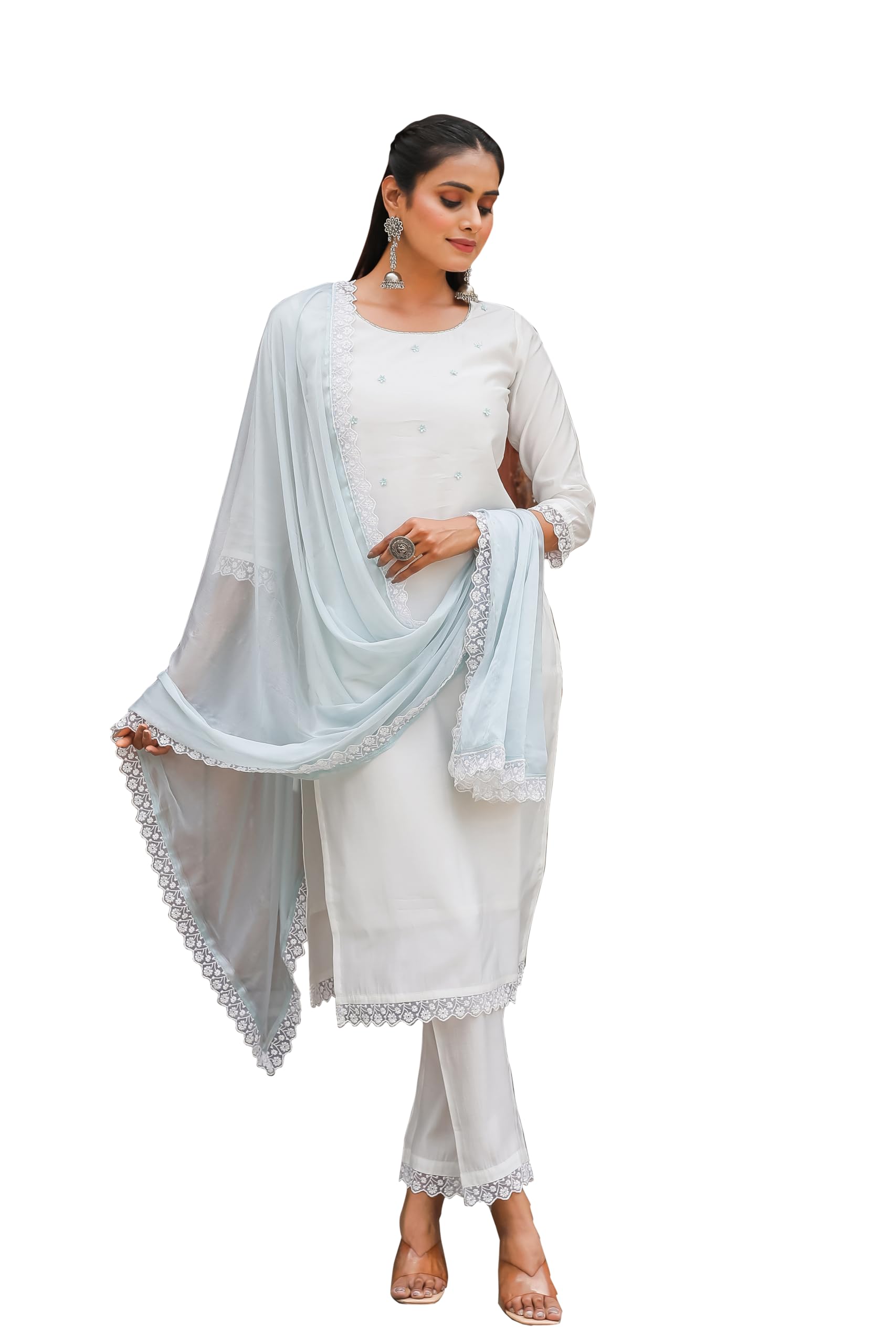 Rajnandini Women's Poly Silk Solid Kurta Set with Dupatta (JOPLRJN16-P_White)