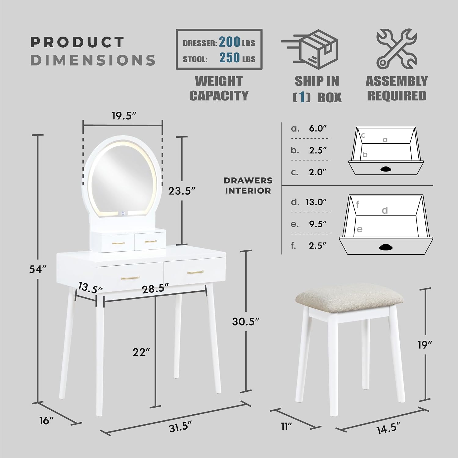 Lexicon Modern Dressing Table with Mirror, LED Lights, 3 Lighting Modes, Small Makeup Dressing Table Set with 4 Drawers and Cushioned Stool, Adjustable Lighting for Bedroom, White