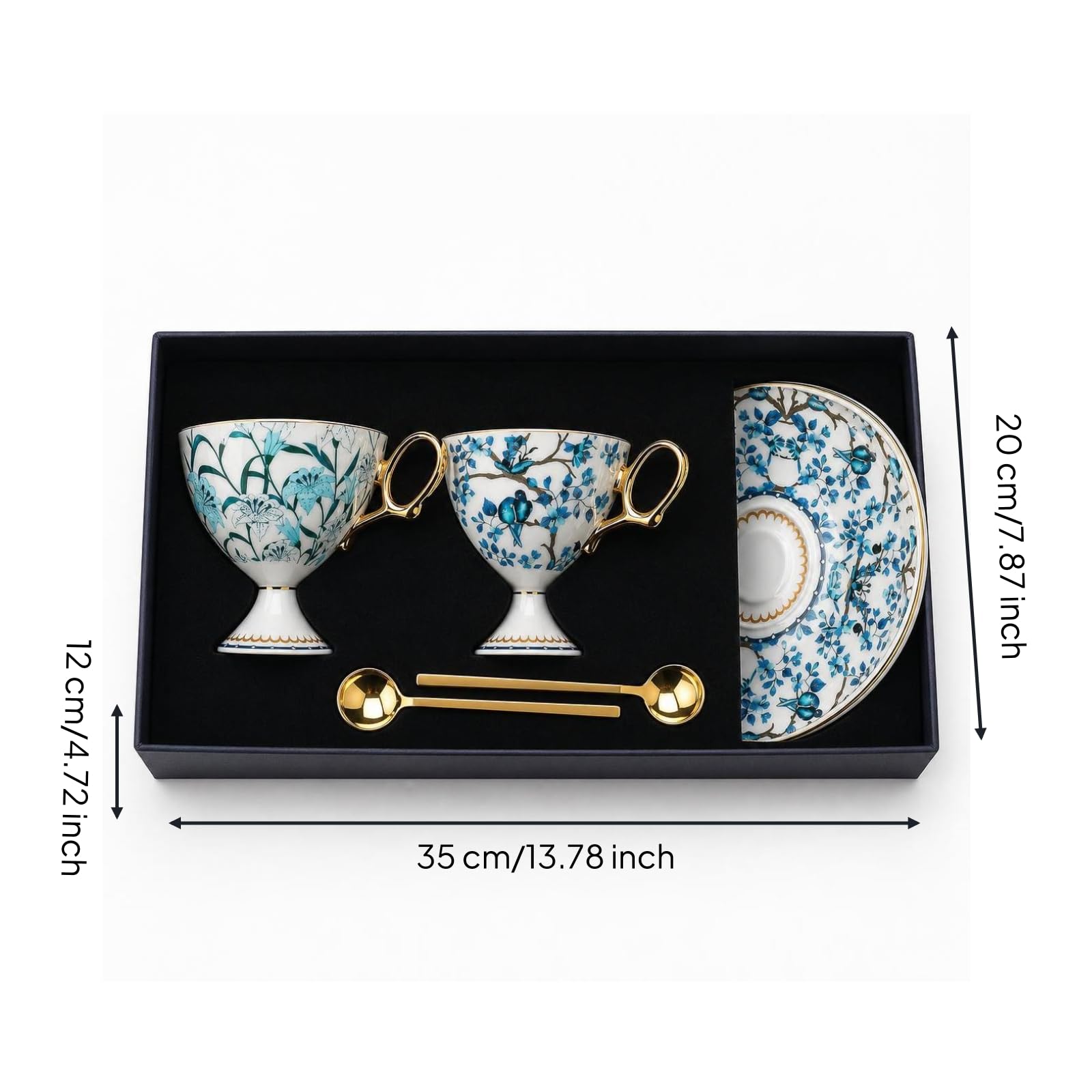 harayaa Juego de Tazas de Té con Platillos Tazas Platillos Cucharillas Cerámica con Florales y Aves Tono Dorado 220 Ml Adecuado para Té Sala de Estar Colección Regalo