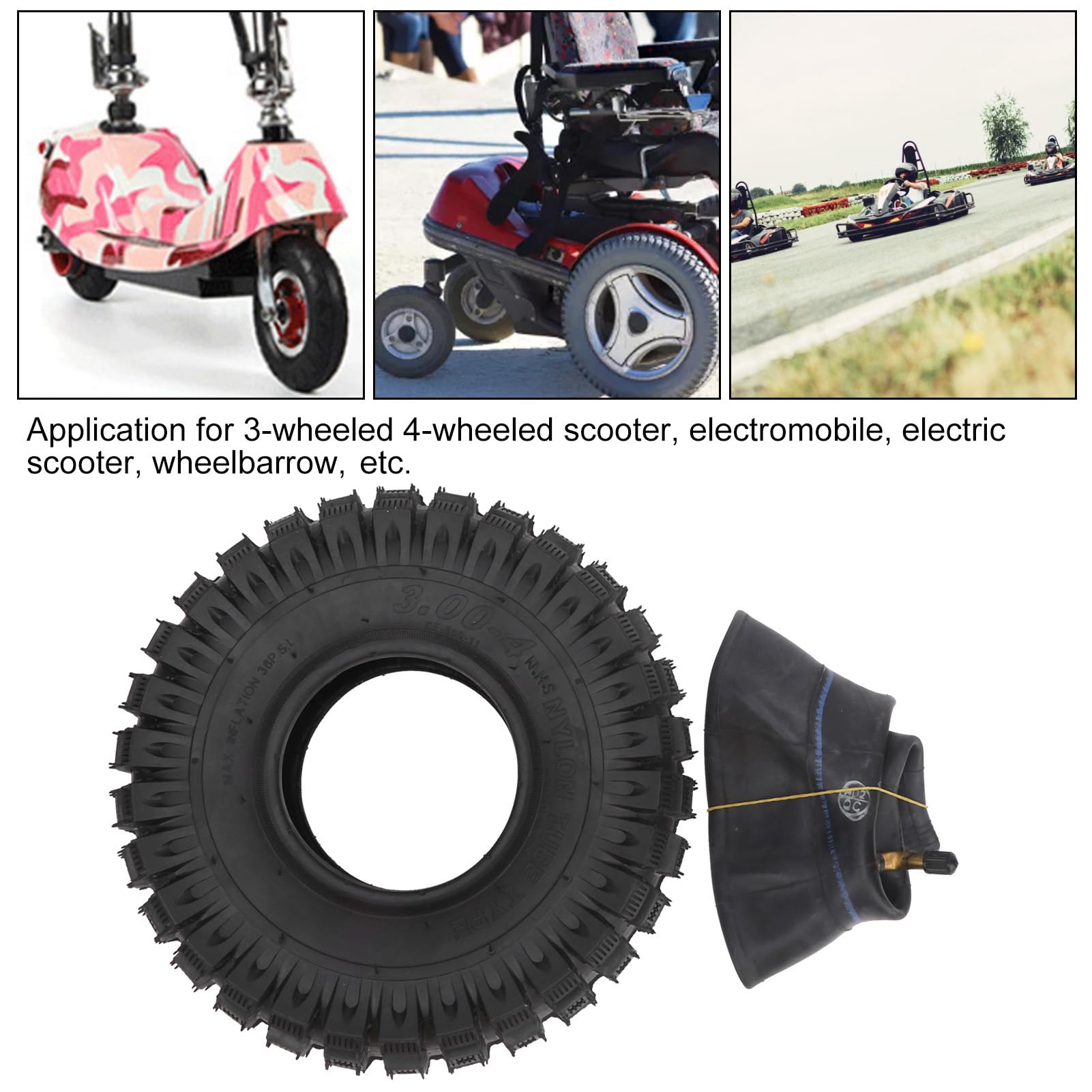 Naroote Juego de Neumáticos y Cámaras de Scooter Eléctrico, Neumático de Goma Duradero 3.00‑4 para Scooters de Movilidad para Personas Mayores de 3 Ruedas para Reemplazo