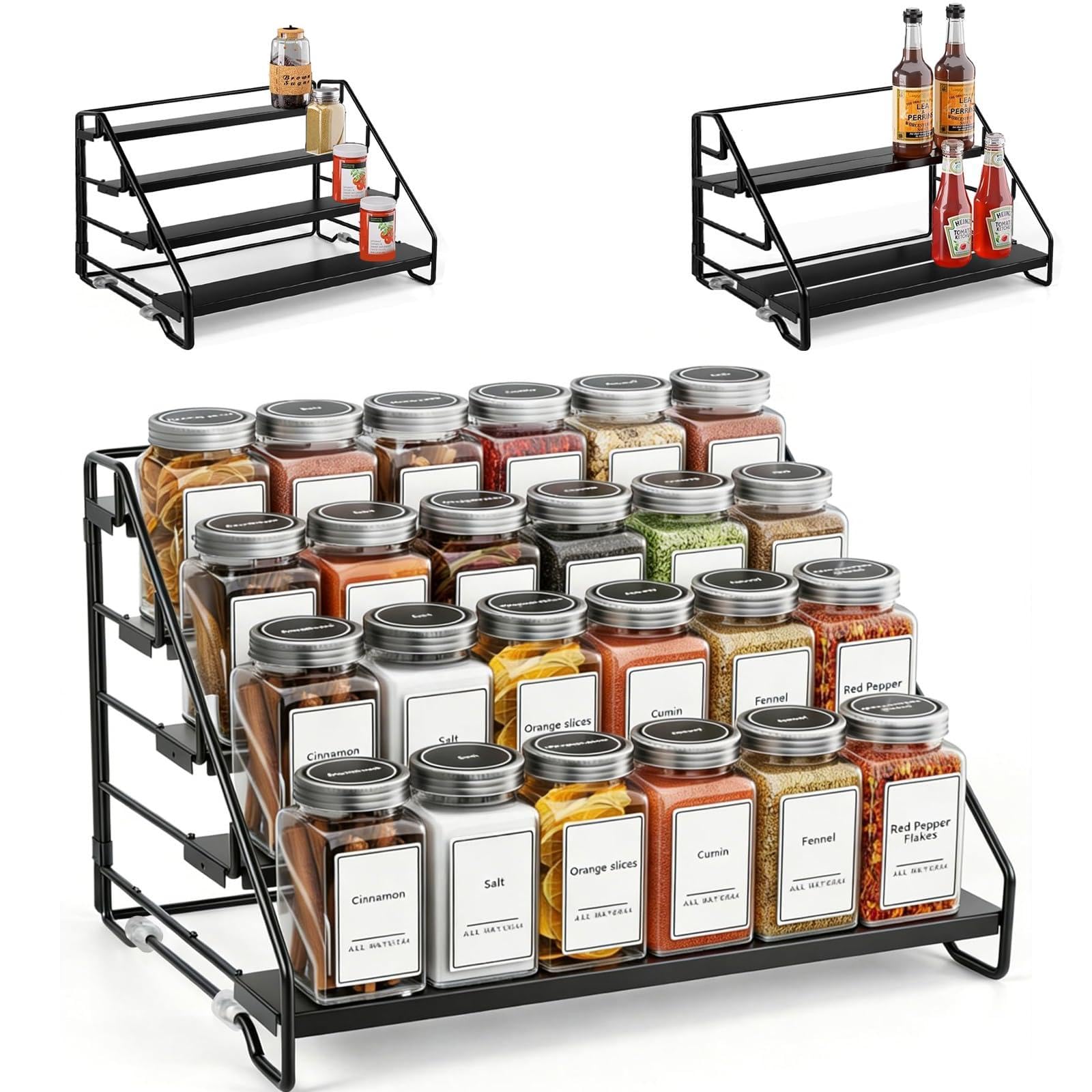 Metal Spice Rack Organiser, Thickened Metal 4 Tier Step Shelf for Cupboards