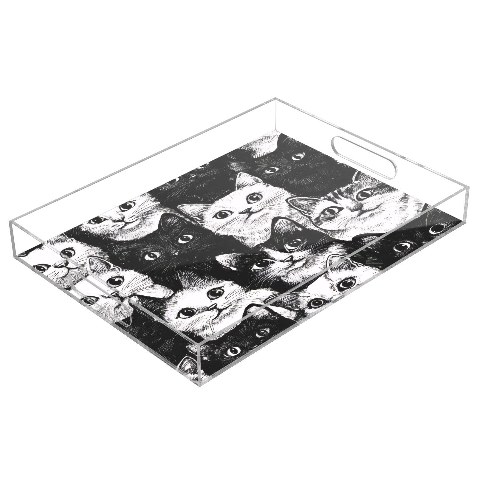 Msyxl White Cat Doodle Serving Tray for Coffee Table, Decorative Acrylic Tray White Cat Doodle Tray with with Handles for Breakfast, Ottoman, Countertop, 12x16 in