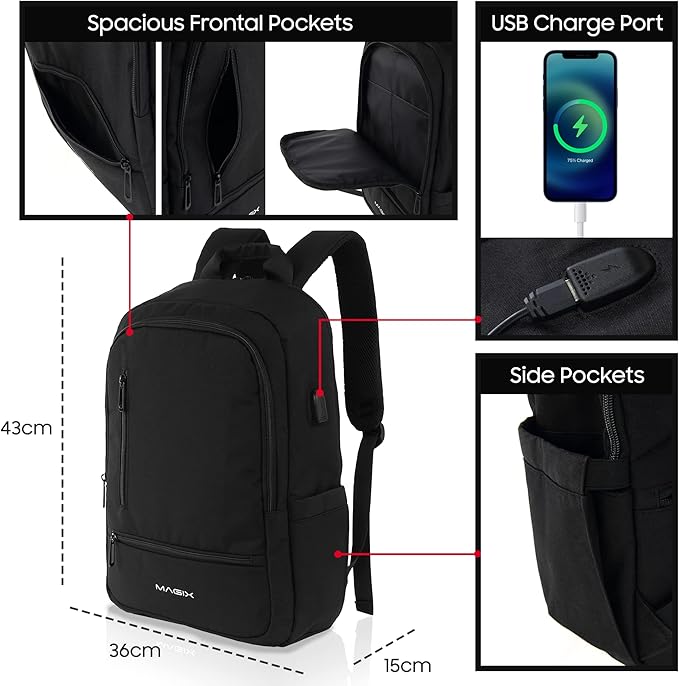 Magix Solutions LTD Rugzak Laptop 16 Explorer Zwart. USB-oplaadpoort, waterbestendig, verborgen zak, ruimte voor maximaal 16 inch pc, brede tas, zaken/reizen/school. mannen, vrouwen, jongens en