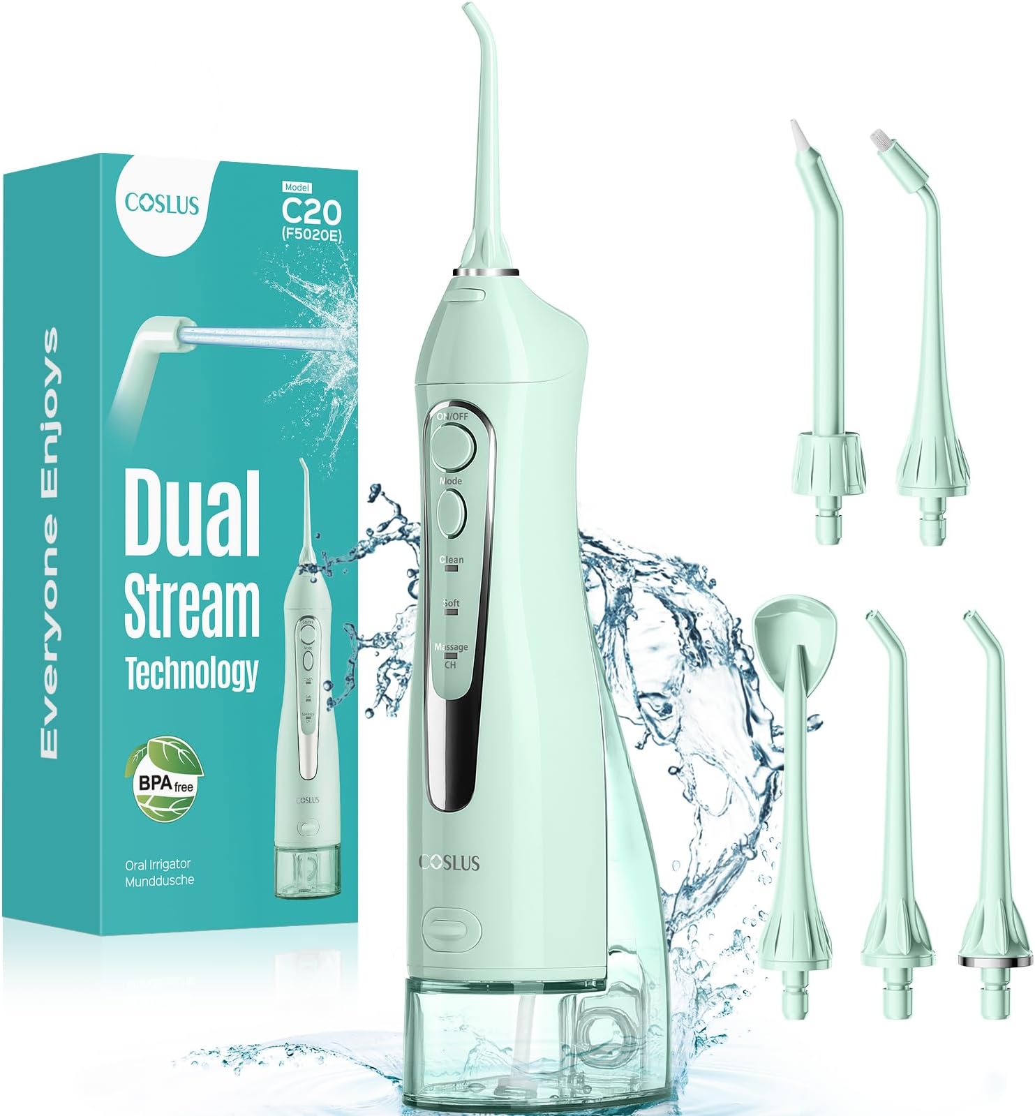 COSLUS Water Dental Flosser Teeth Pick C20: Portable Cordless Oral Irrigator 300ML Rechargeable Travel Irrigation Cleaner IPX7 Waterproof Electric Flossing Machine for Teeth Cleaning, Green