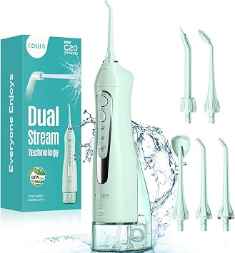 COSLUS Water Dental Flosser Teeth Pick C20 ADA Accepted, Portable Cordless Oral Irrigator 300ML Rechargeable Travel Irrigation Cleaner IPX7 Waterproof Electric Flossing Machine for Teeth, Green