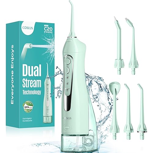 COSLUS Water Dental Flosser Teeth Pick C20(F5020E): Portable Cordless Oral Irrigator 300ML Rechargeable Travel Irrigation Cleaner IPX7 Waterproof Electric Flossing Machine for Teeth Cleaning, Green