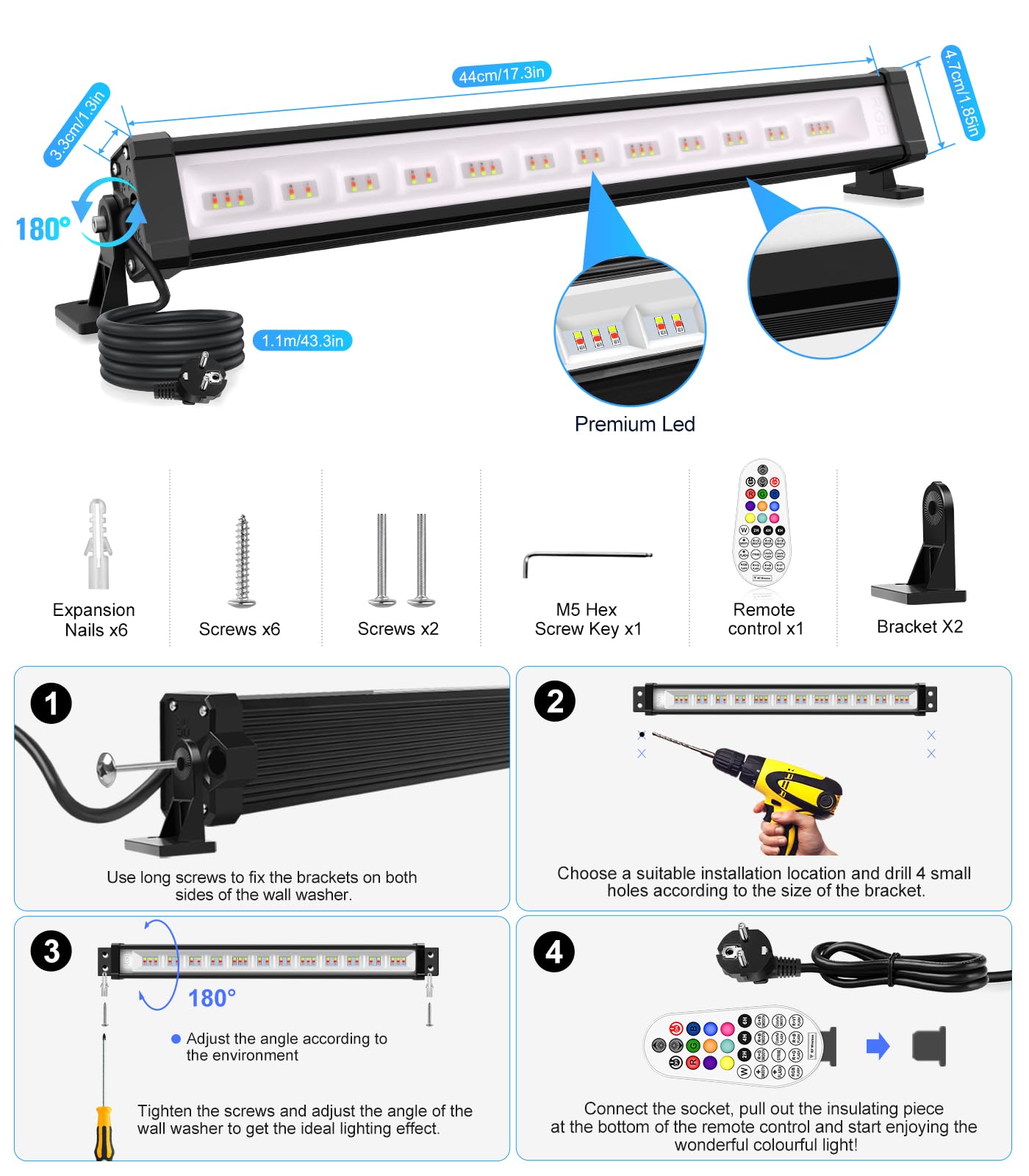 MEIKEE 42W RGB Strahler mit Fernbedienung 360° Wallwasher Flutlicht 10 Farben 30 Modi Timer 6 Helligkeitsstufen Memory-Funktion LED Strahler RGB Bar für Bar Party Disco Feiern Bühne Häuser 2 Pack