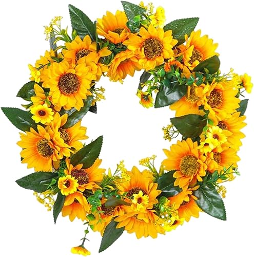 Bothyi Corona de flores artificiales, corona de girasol, aro de ratán, corona de puerta delantera, adorno colgante para vacaciones, boda, telón de