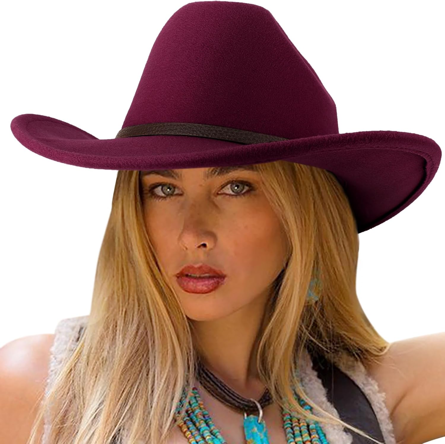DRESHOW Classic Western Felt Cowboy Cowgirl Hat for Women Men Outdoor Wide Brim Belt Buckle Panama Hat Unisex Rolled up Caps