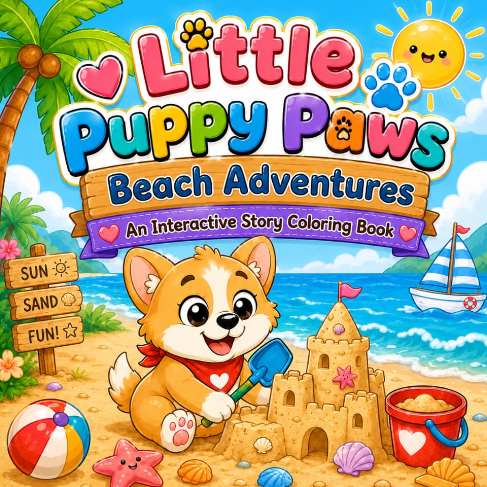 Little Puppy Paws Beach Adventures: An Interactive Story Coloring Book for Ages 4–8 (Happy Little Paws)