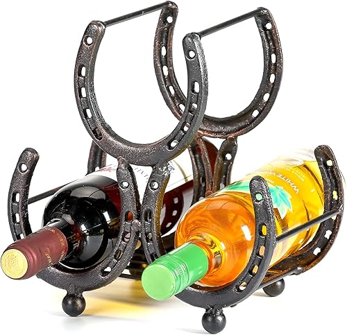 Miniatura 1 de Estante de vino de herradura de hierro, soporte para vino de 3 botellas para encimera independiente, bronce oscuro..