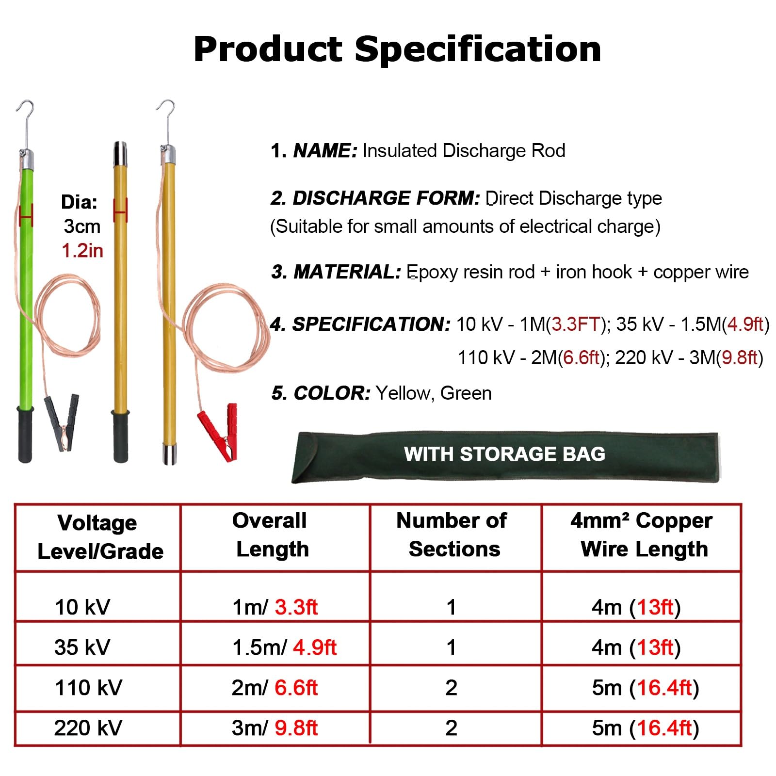 Poteau de sécurité à décharge directe, tige électrique isolée portable, options de longueur de 1 à 3 m, bâton de décharge électrique pour sécurité haute tension