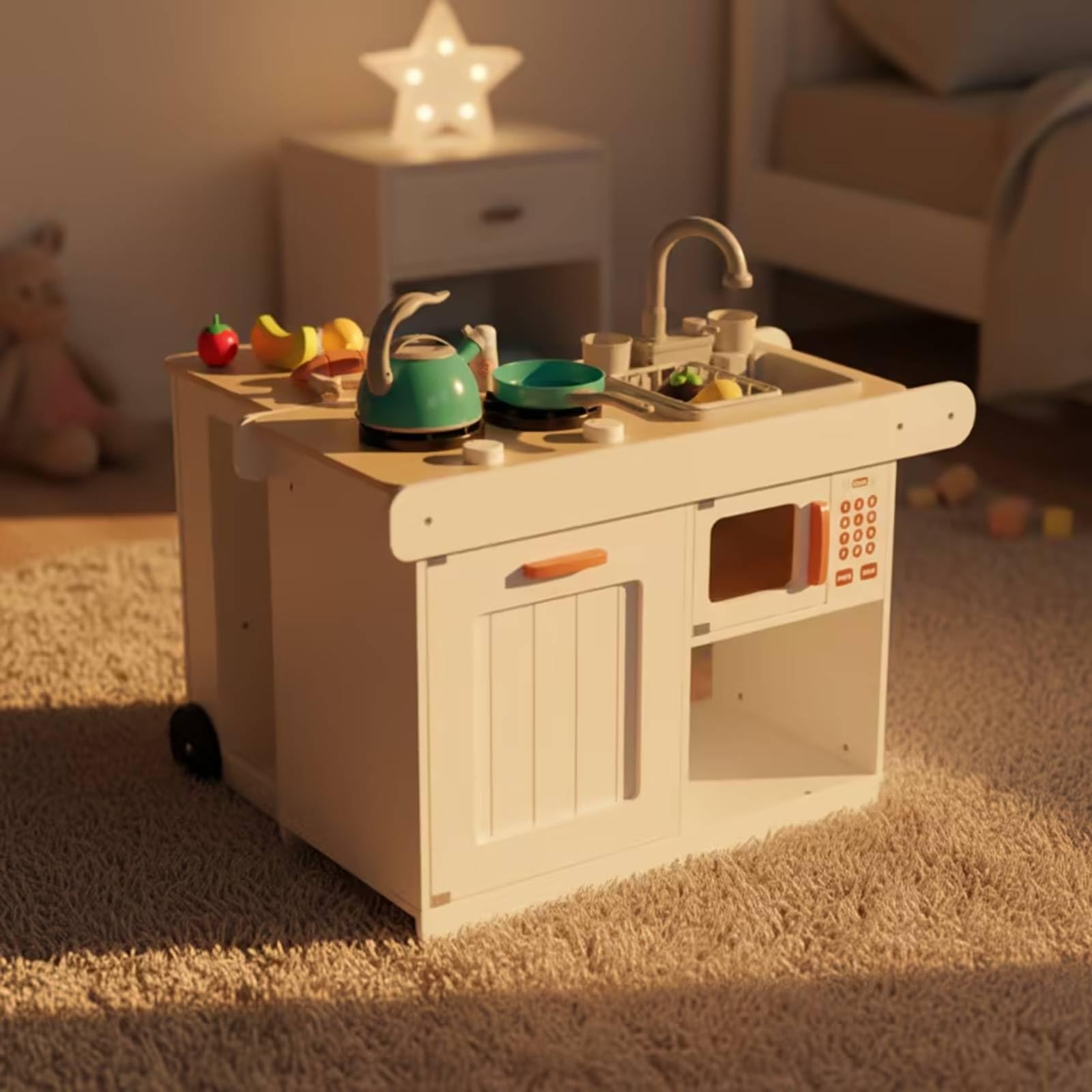 Kinder Spielküche Holz Spielküche Kinderküche Küchenwagen Rollbar mit Spülbecken Herdplatten Und Ofenfach für Rollenspiel Kinderzimmer Zuhause