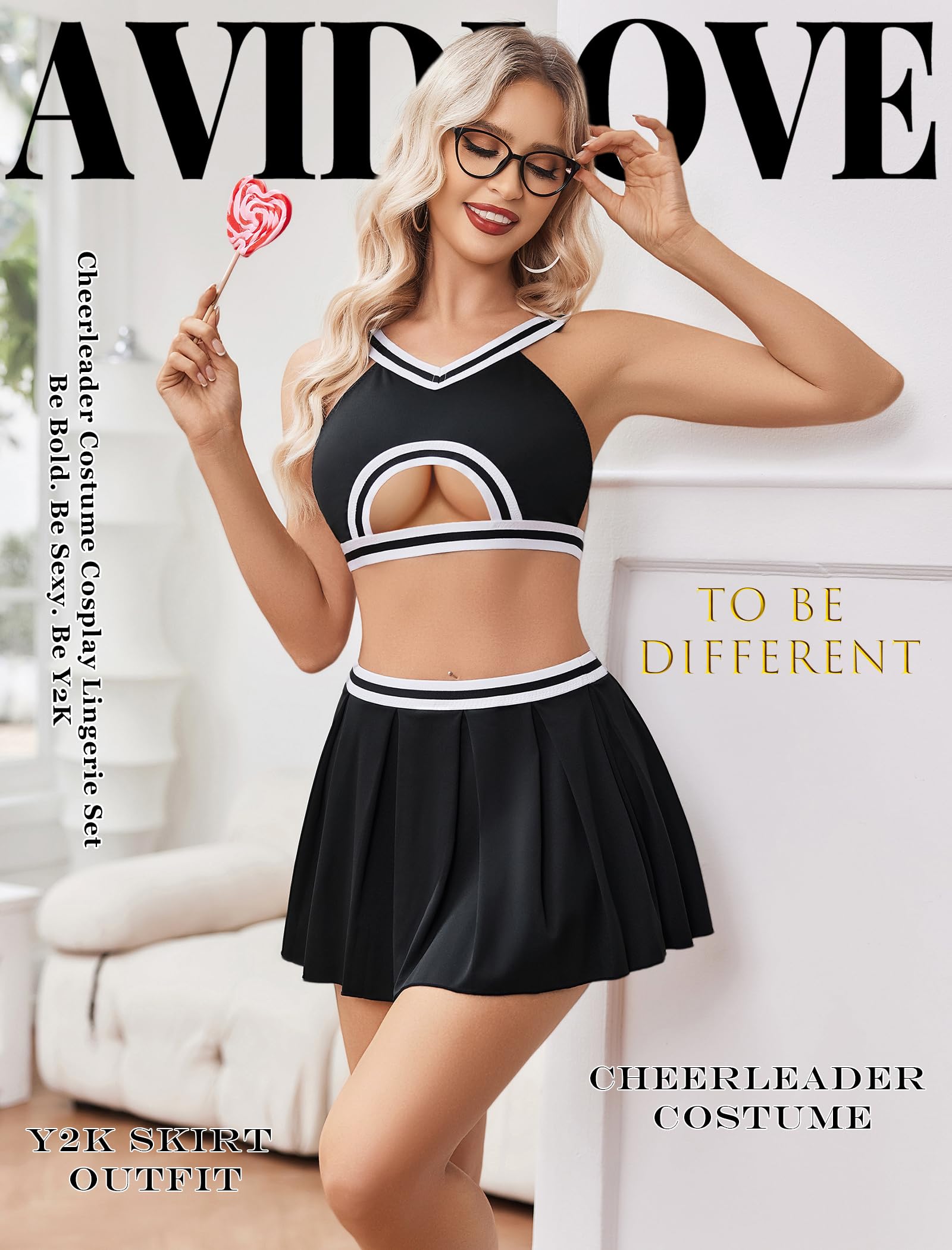 Avidlove Lingerie for Women Sexy Mini Skirt Cheerleader Costume Hollow Crop Top Y2K Pleated Skirts Set Cosplay Rave Outfit: Black Large