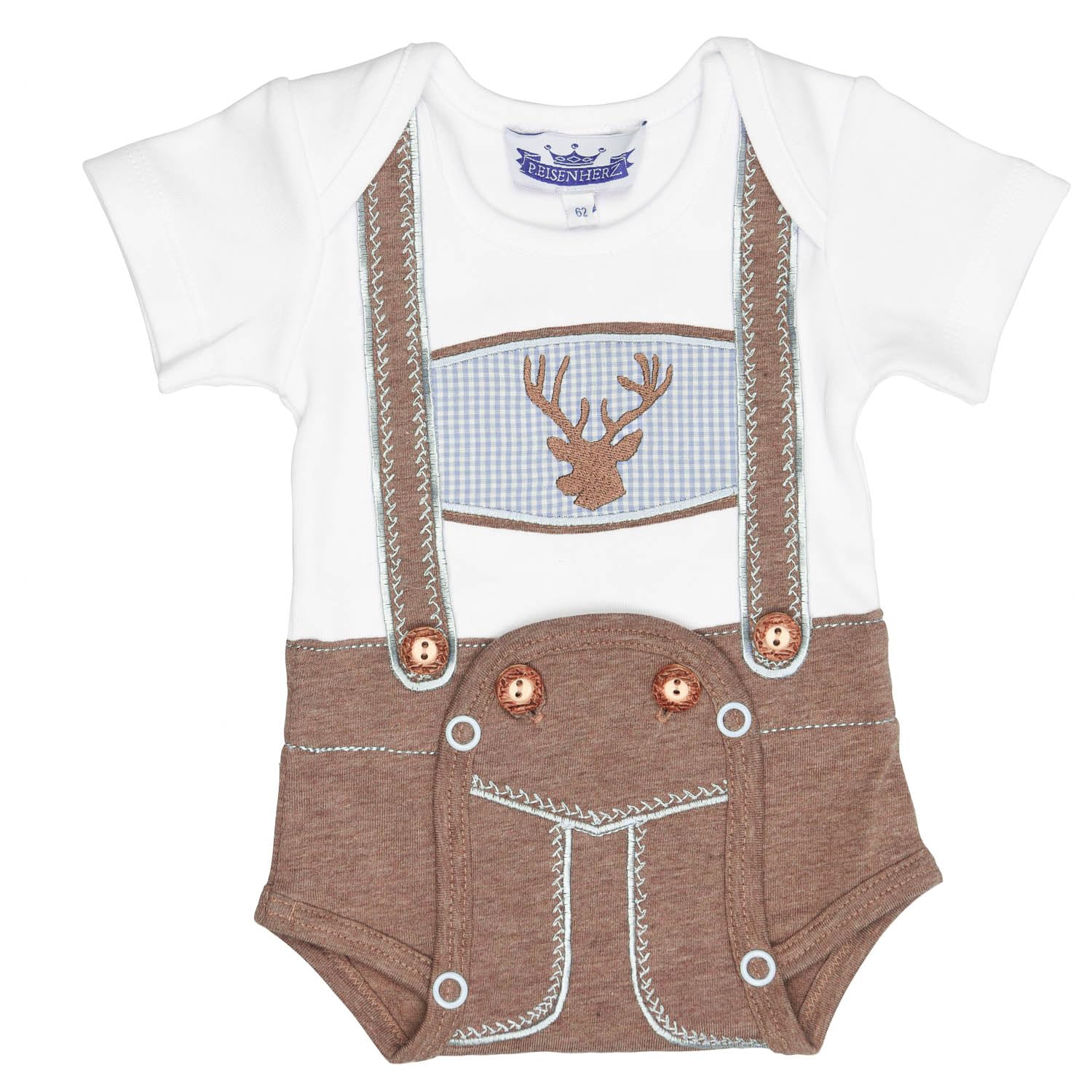 P.Eisenherz Baby Body mit kurzem Arm im Lederhosenlook mit Hosenträger & Hirsch-Stickerei