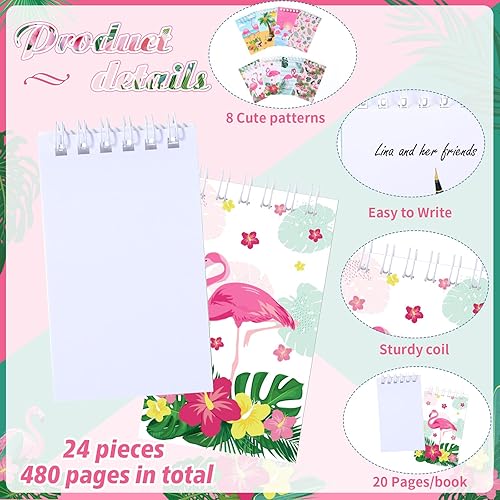 Miniatura 3 de Faccito 24 piezas de flamenco para fiestas de verano, mini bloc de notas de bolsillo hawaiano, espirales tropicales, Luau, pequeñas notas