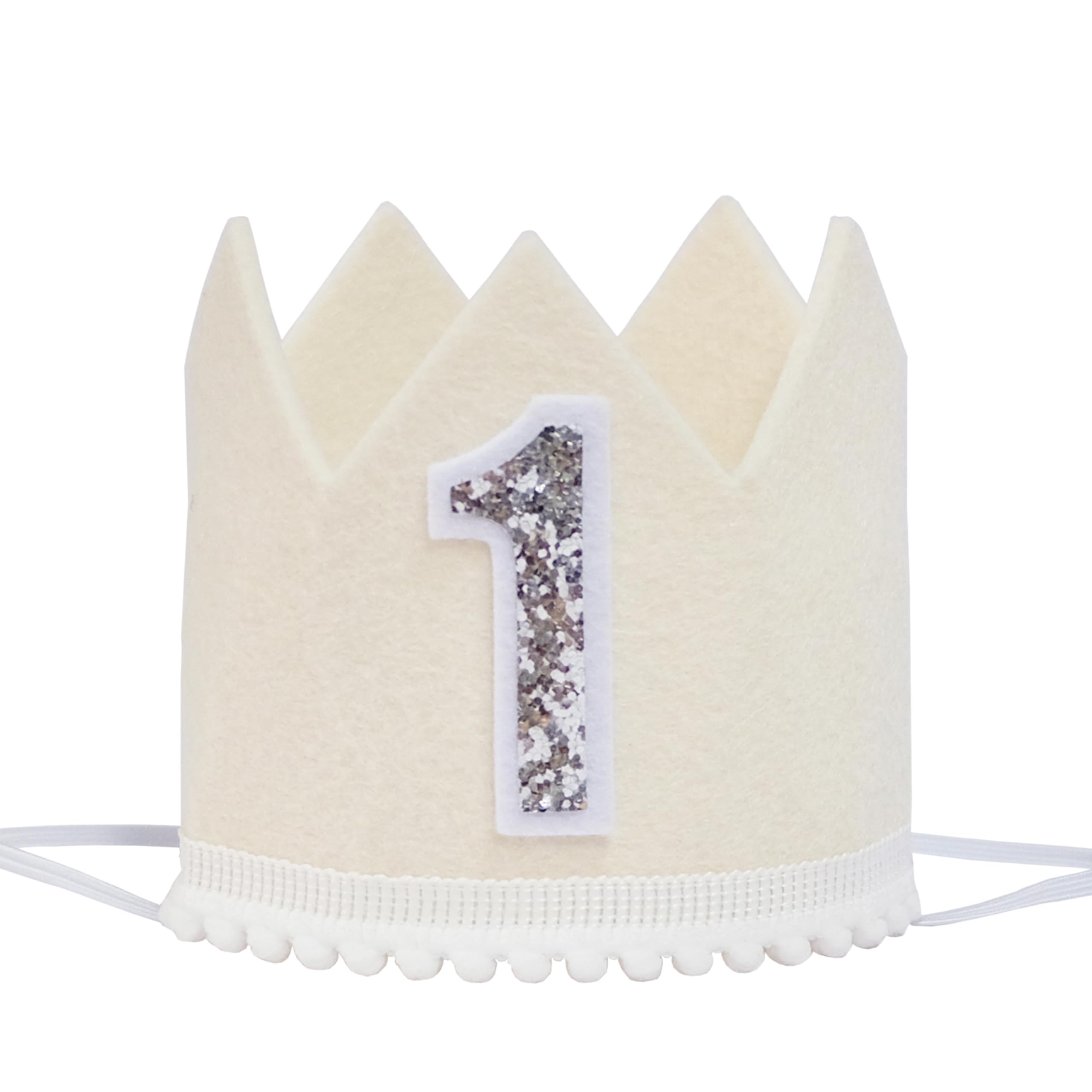OUR FANDA First Birthday Crown Hat, White Felt with Silver Glitter Number 1, Unisex Party Accessory