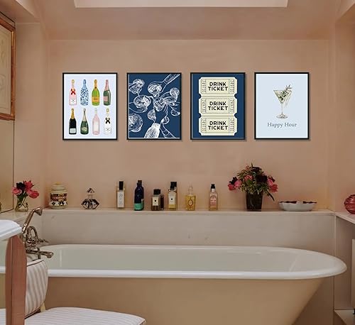 Miniatura 6 de ULEGIE Juego de 4 carteles de decoración de pared para carritos de bar, decoración de pared de cóctel retro champán, decoración de pared para el