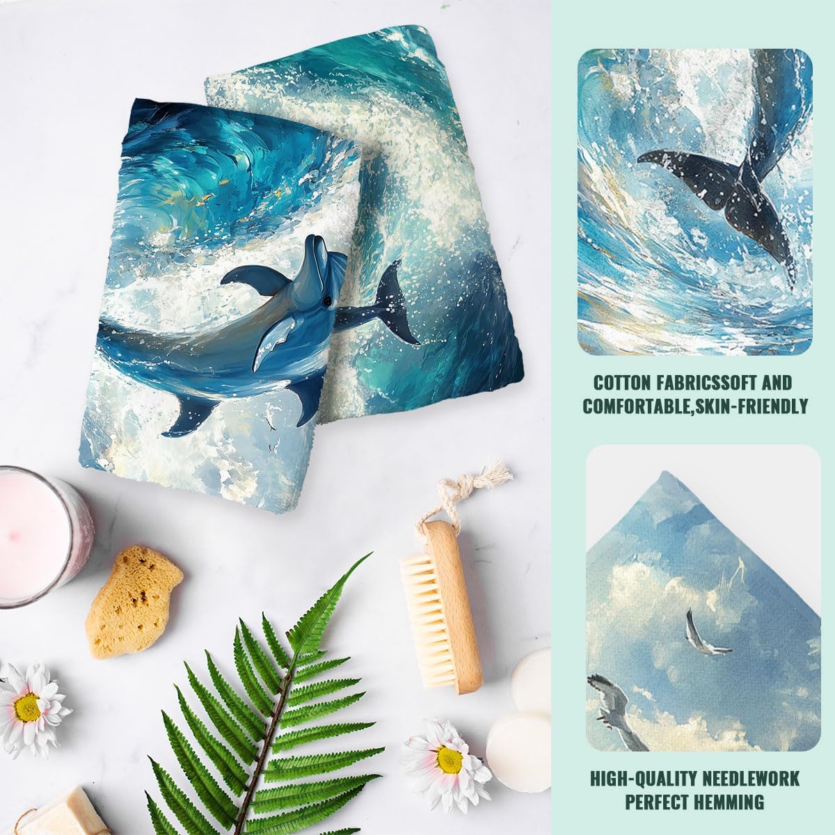 Dolphin Bath Hand Towels Absorbent Blue Fish Ocean Marine Hawaiian Sealife Decorative Hand Towels Set for Bathroom Gym Hotel Spa Bathroom Hand Towels Gifts for Women Man 14"x28" - Image 4