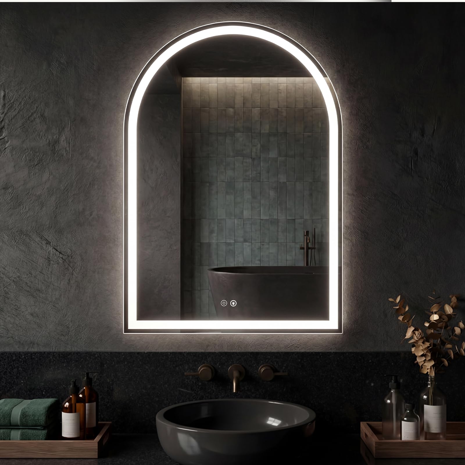 NEWBULIG 28X36 Inch Arched LED Bathroom Wall Mirror with Lights, Light up Vanity Bathroom Mirror for Over Sink, Anti-Fog and Dimmable, Front Light and Backlit, Memory Function, Shatter-Proof, White