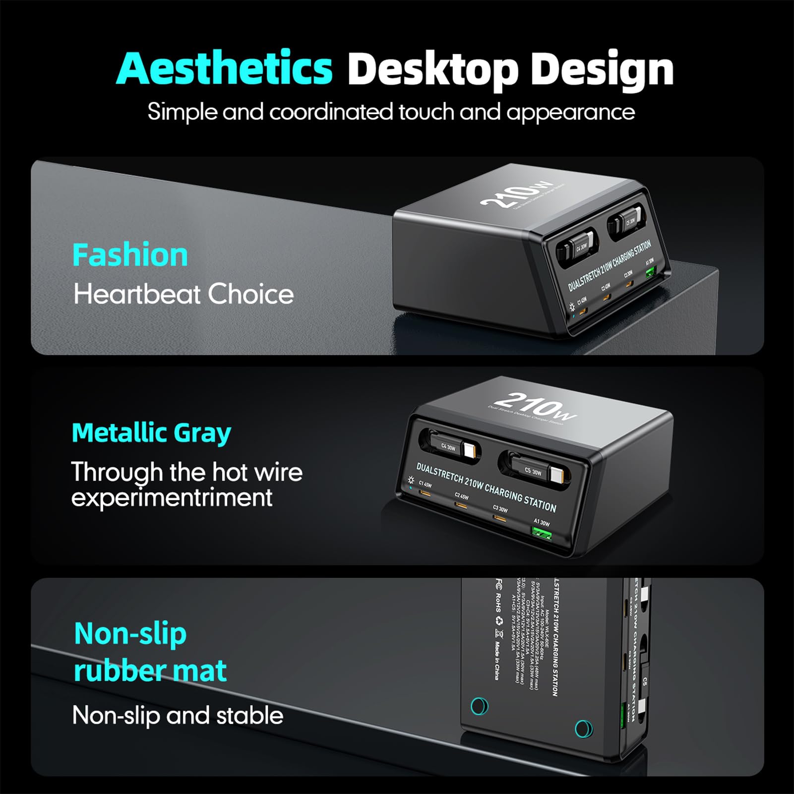 Fockety Tisch-Ladestation, 210W-Ladegerät mit 6 USB C-Anschlüssen und Zwei einziehbaren PD-Kabeln, PD-Ladegerät mit 45W und 30W für das Homeoffice, Gaming-Schreibtischzubehör (EU-Stecker)