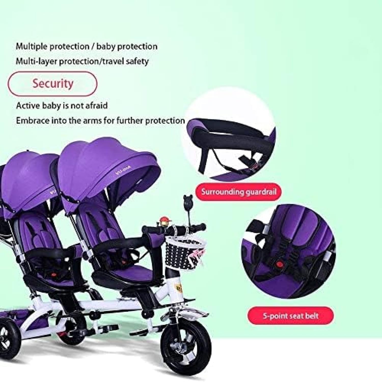 Kids Four in One Double Tricycle, Bike, Two Seater Pedals, Parasol Stroller, Two Way Swivel Seat/Removable Back Strap/Retractable Pedals, Purple, A