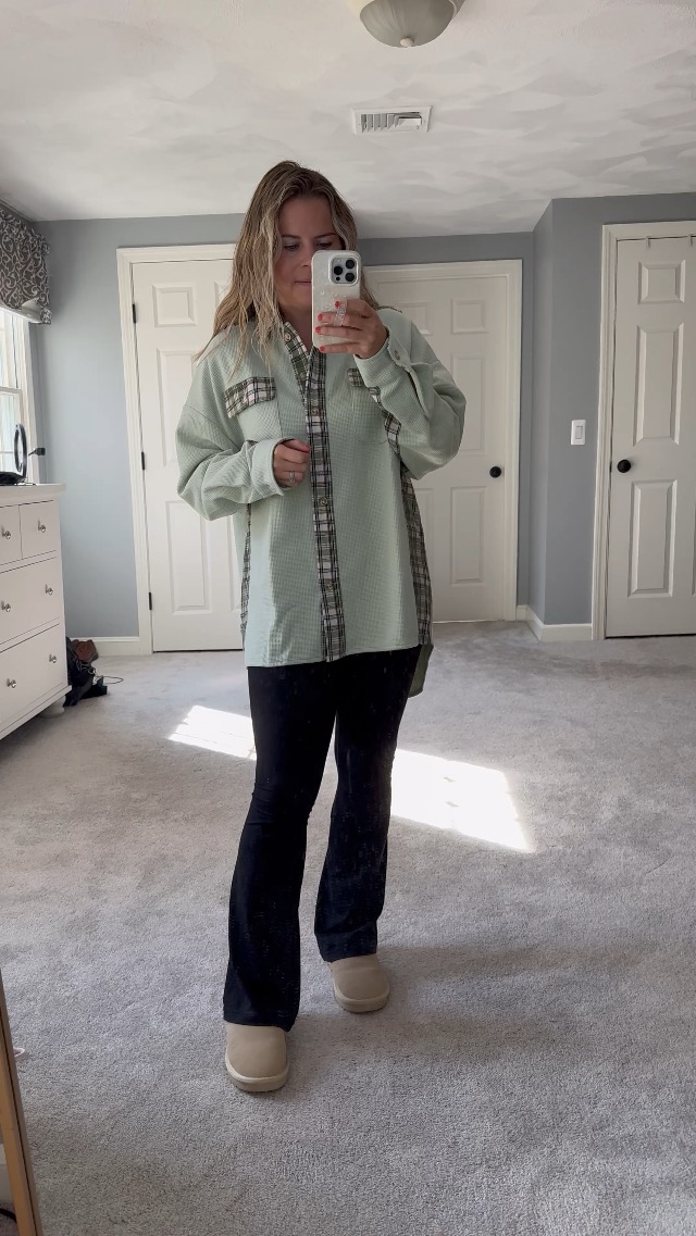 Womens plaid shacket, waffle top, slippers