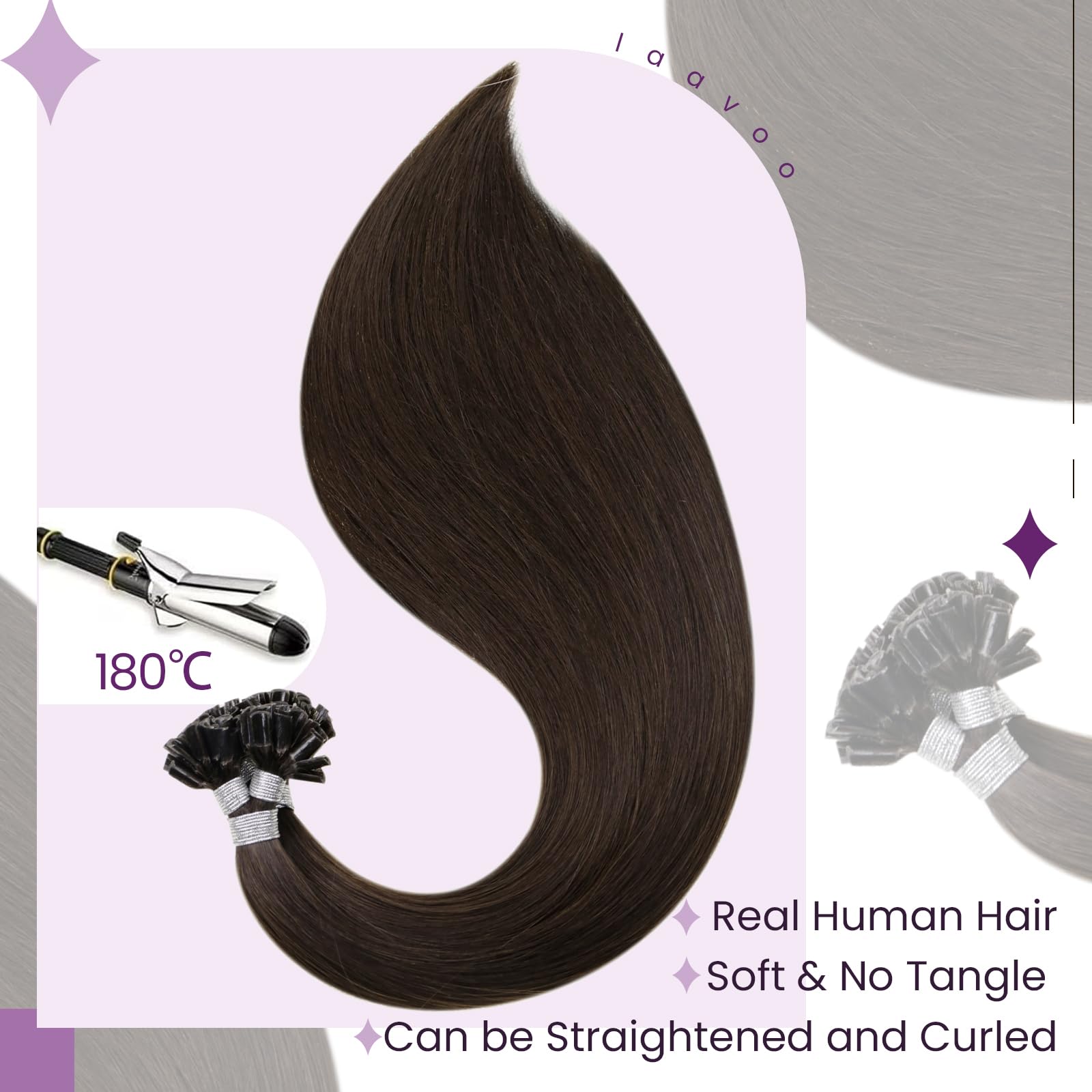 LaaVoo Hair Extensions U Tip Real Human Brown, Remy Straight Dark Brown Real Hair Extensions - Image 3
