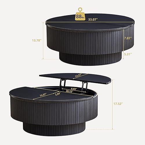 Miniatura 2 de Mesa de centro redonda de 33 pulgadas con soporte elevador y almacenamiento abatible, mesas de centro acanaladas modernas con marco de metal, mesa