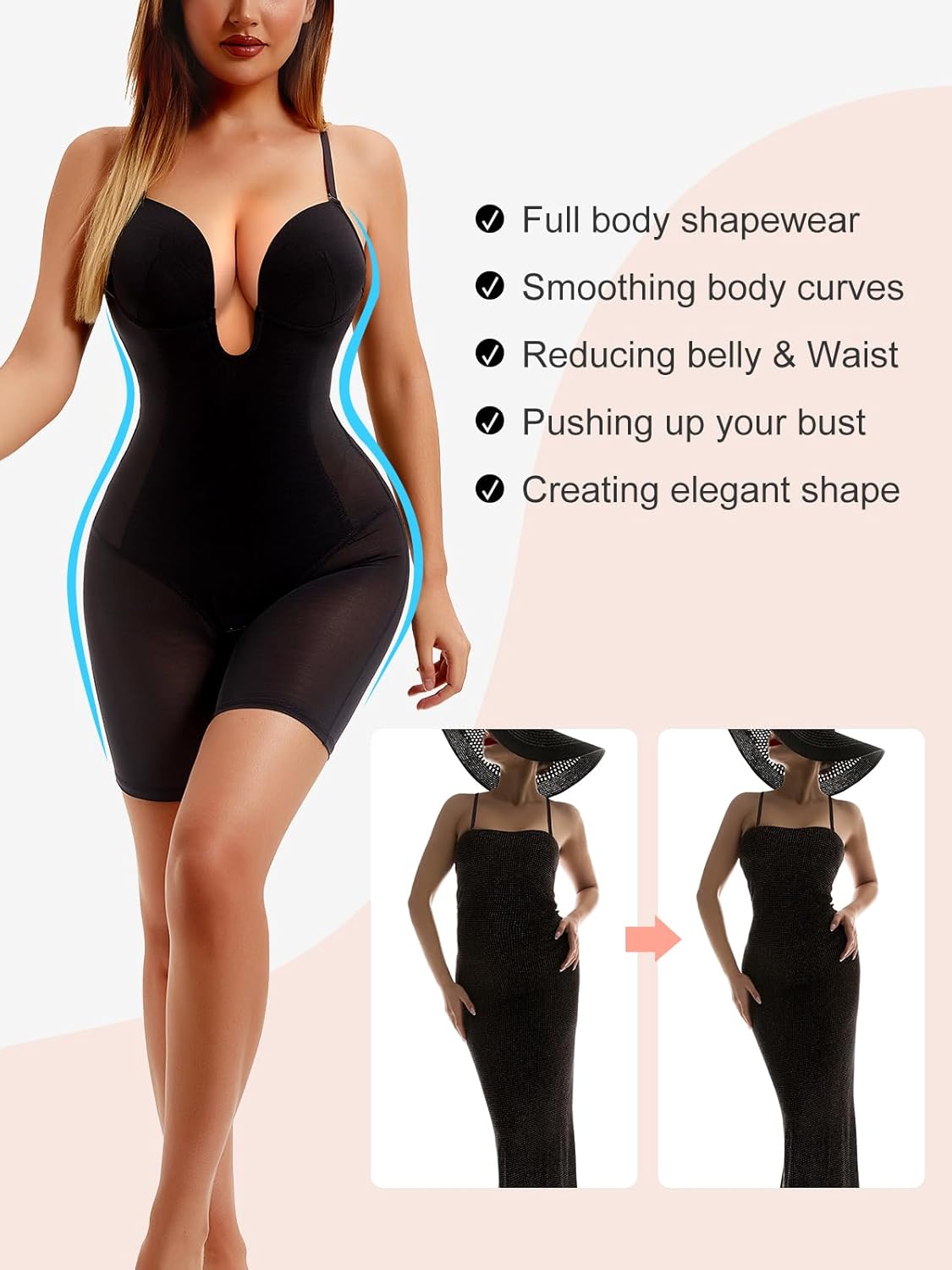 Decorus Women's Low Back Full Deep Plunge Strapless Bodysuit Mid Thigh Backless Shapewear Tummy Control Shaping Body Shaper - Image 2