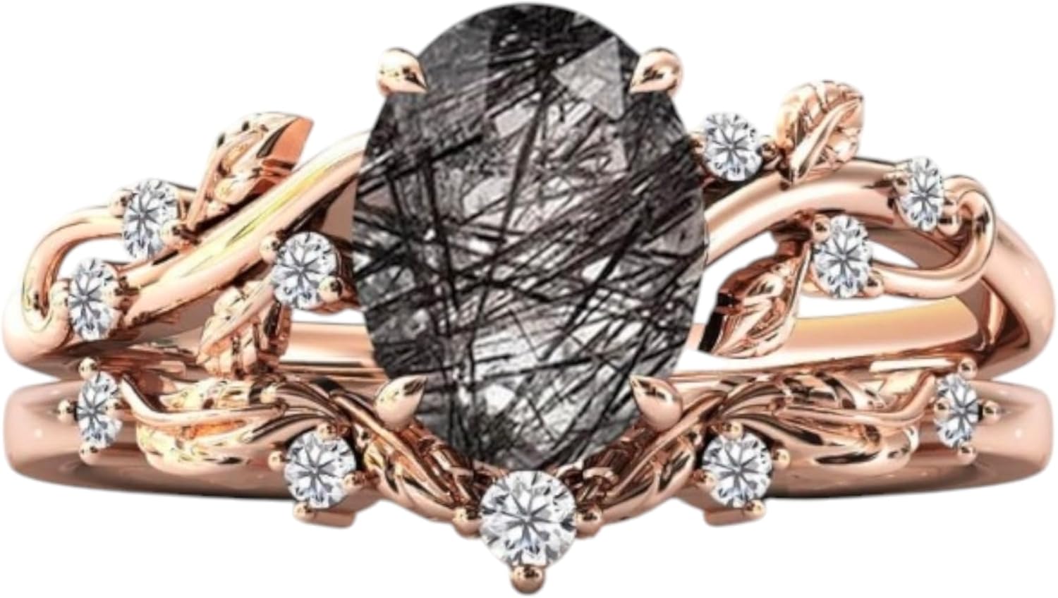 Unique Black Rutile Quartz Engagement Ring Set 2 Pcs Art Deco Leaf Wedding Ring Set Antique Bridal Anniversary Ring Set Vintage Promise Ring