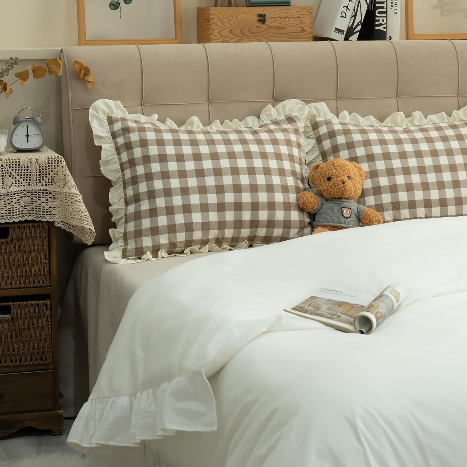 Pillow Shams Set of 2 Yarn-Dyed Pure Cotton Retro Ruffle Flounces Trim Brown Check Decorative Pillow Cases for Home Bedroom Decor King 20x36 Inch