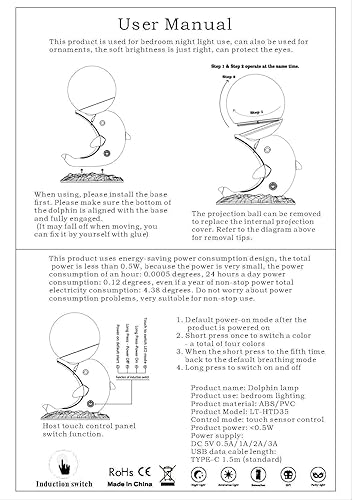 Miniatura 8 de Luz de delfín para dormitorio con proyector de luz nocturna automática para niños, luz nocturna de estrella (azul)