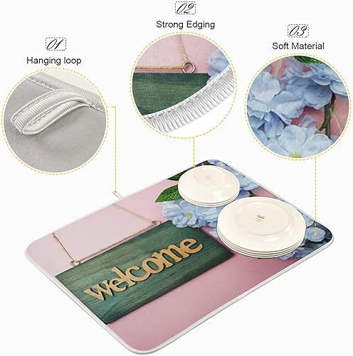 Vista 78 de Tapete de secado de platos de flores de fondo negro para encimera de cocina de 18 x 24 pulgadas, tapete de microfibra absorbente, tapete de secado