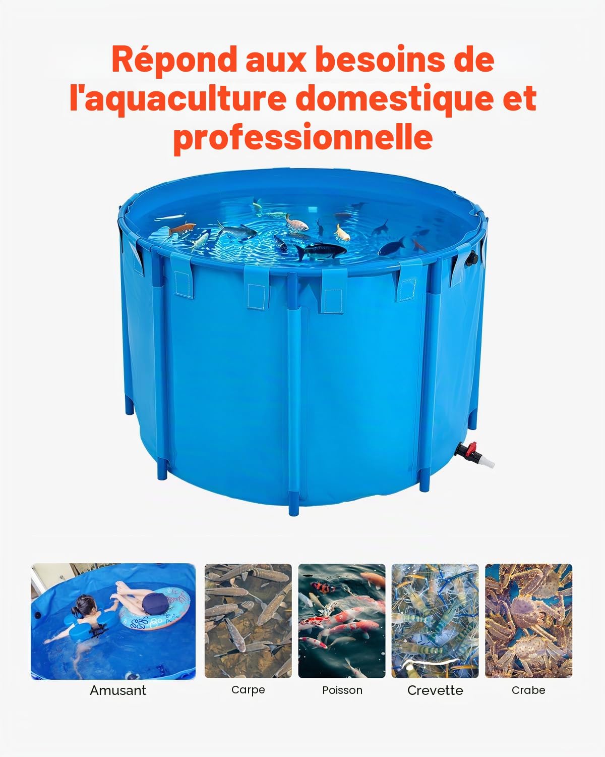 VEVOR Bassin à Poissons Hors Sol, Capacité 1700 L, Étang à Poissons en Toile PVC, avec Cadre Stable en Plastique et Vanne de Vidange, pour Aquaculture, Élevage de Poissons Rouges, Carpes, Koïs, Bleu