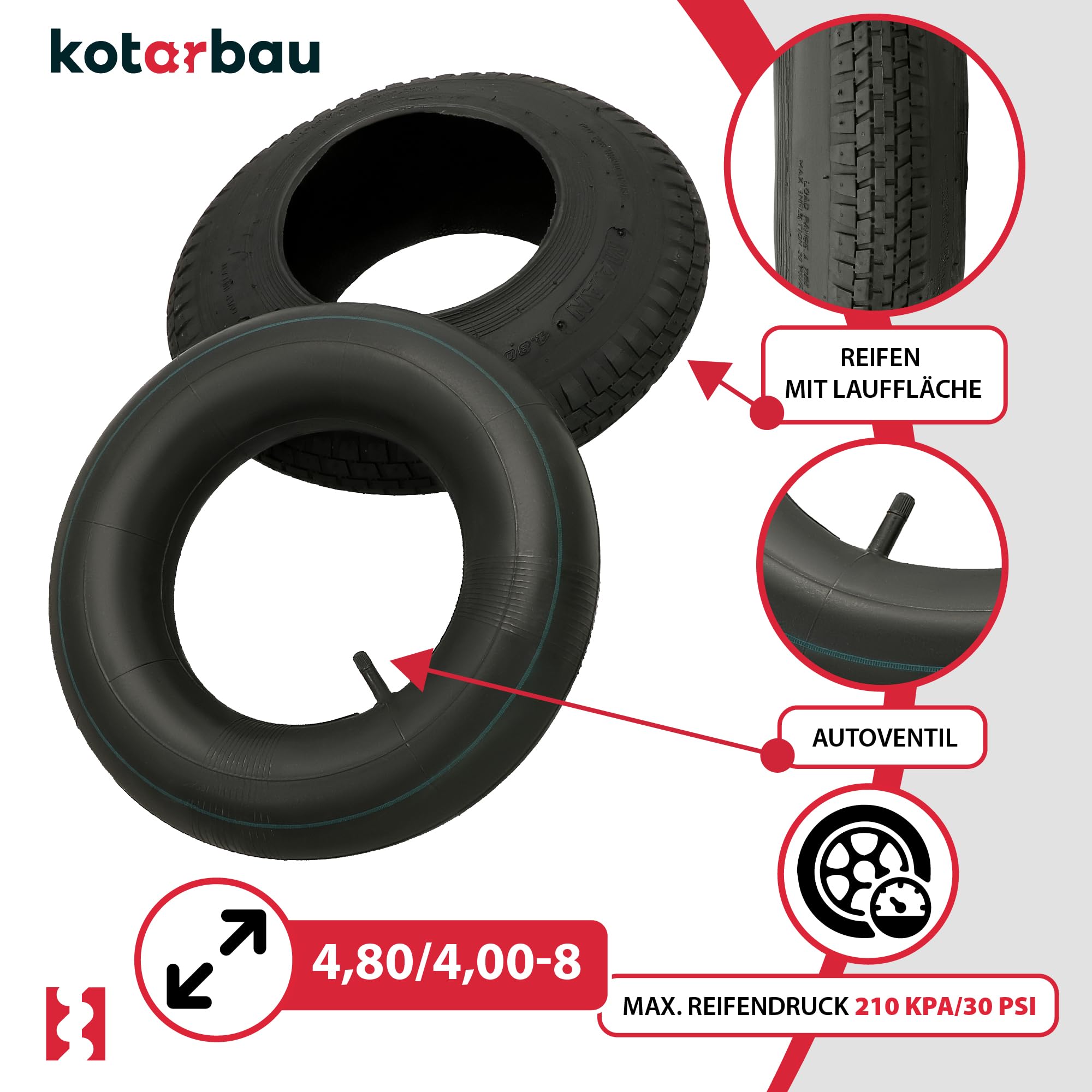 KOTARBAU® Pneu Chambre à Air Brouette - Chambre a Air - Ø 40 cm - Caoutchouc Renforcé - 4.80/4.00-8 - Noir - Pneu Brouette - Universel pour Chariot Jardin