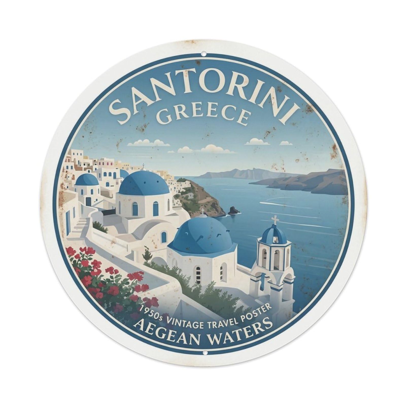 Vintage Travel Aegean Santorini Waters Metal Tin Sign
