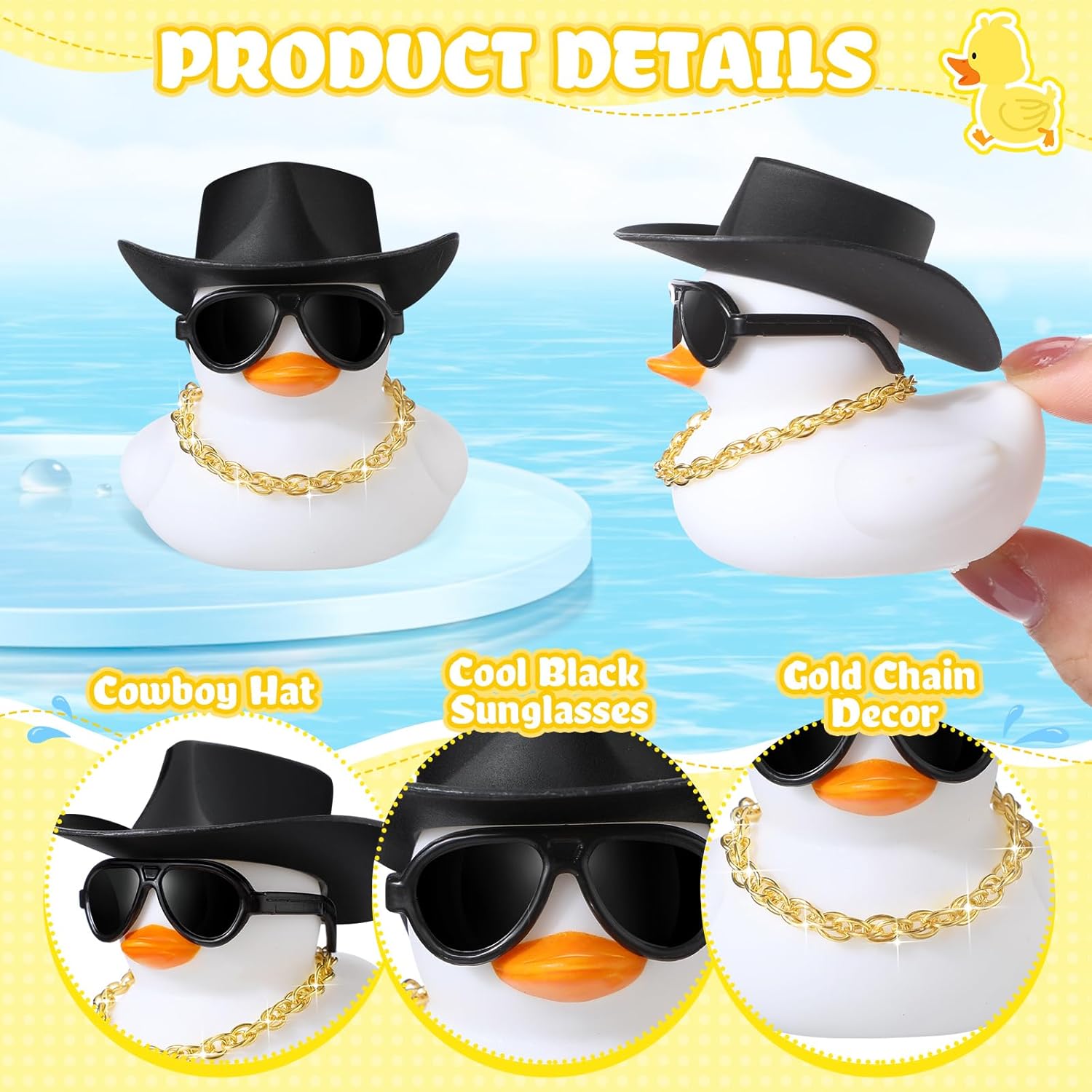 Sotiff 48 Sets Rubber Duck Squeaky Duck Party Duckies Car Dashboard Decorations with Mini Necklace Hat and Sunglasses for Shower Birthday Swimming Party(White)