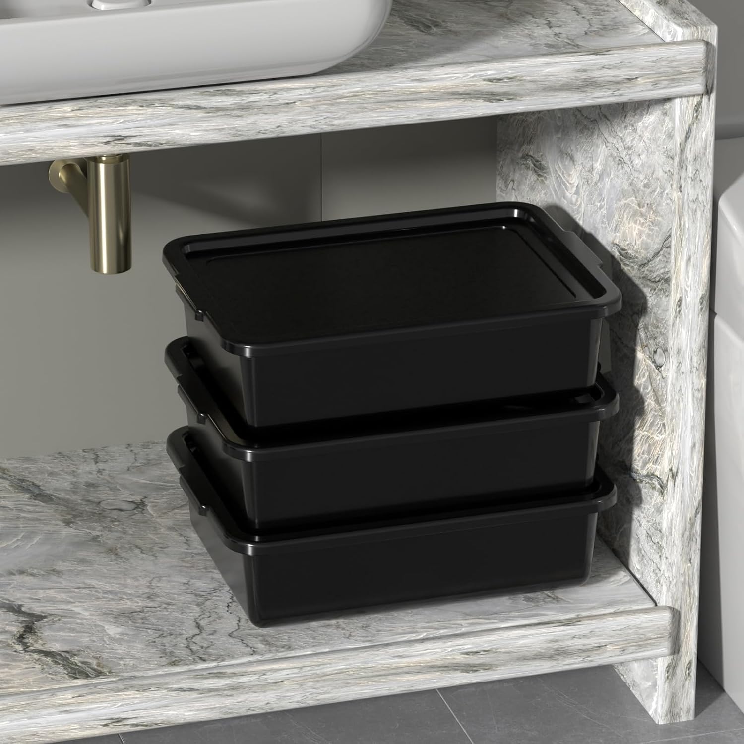 13 L Commercial Bus Tubs with Lids, Plastic Bus Tub Tote Box, Black, 3 Packs