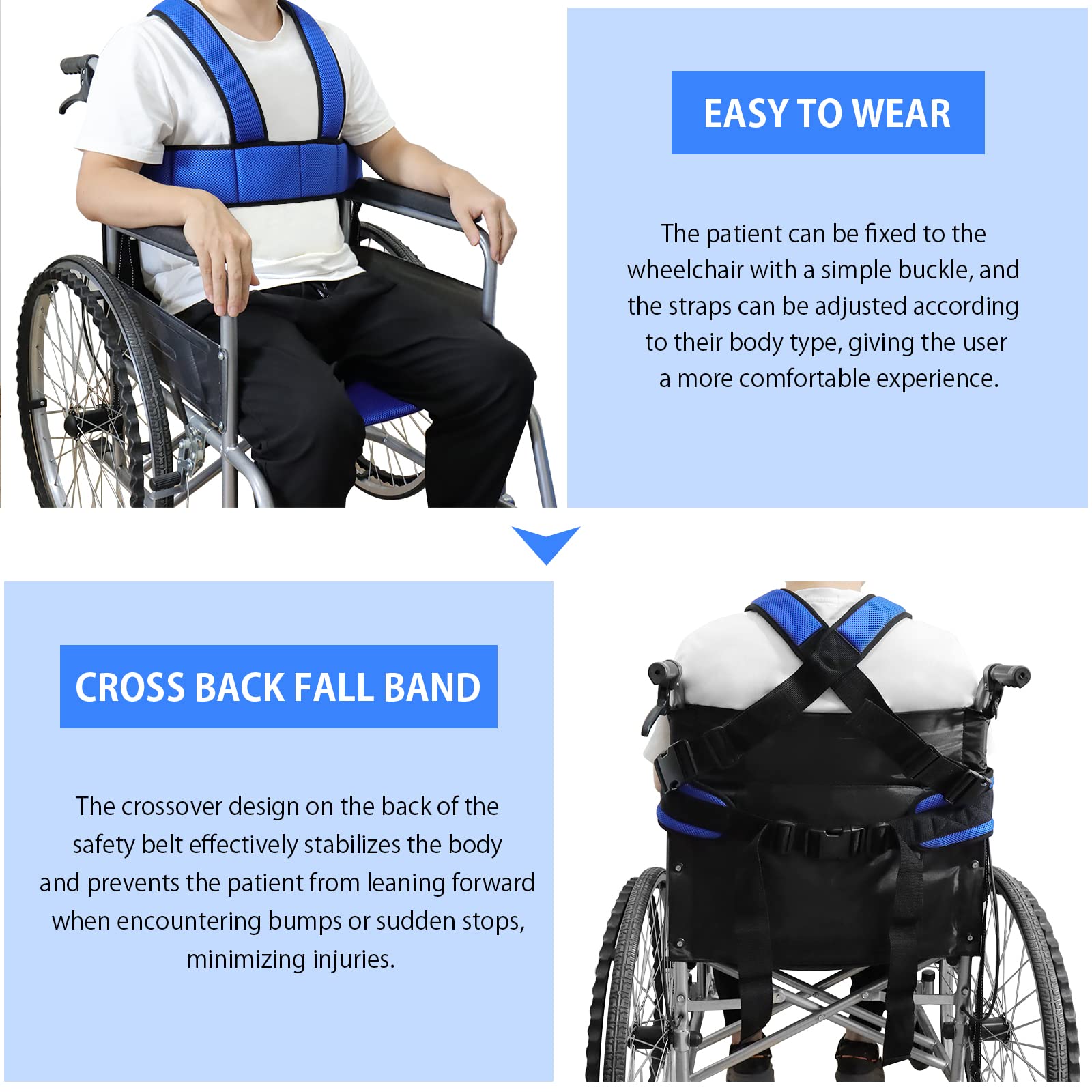 [LOSCHEN]Arnés de silla de ruedas antideslizante medio chaleco cinturón de seguridad de espesor ajustable para niños mayores y discapacitados, evitar caídas de inclinación (azul)