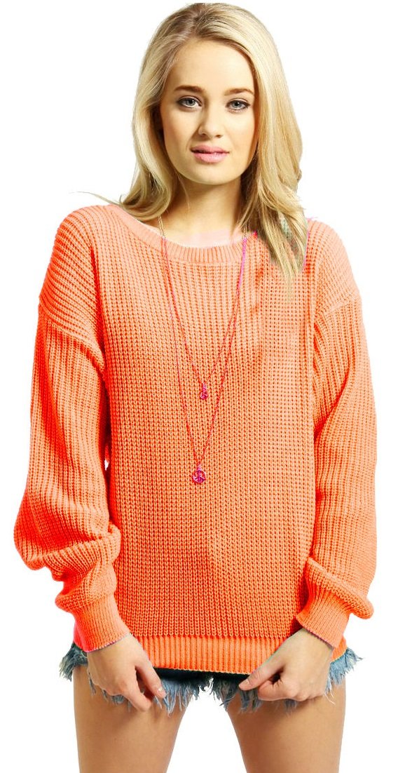 Crazy Girls Womens Ladies Baggy Long Sleeve Knitted Plain Chunky Top Sweater Jumper S-XL (2XL, Orange)