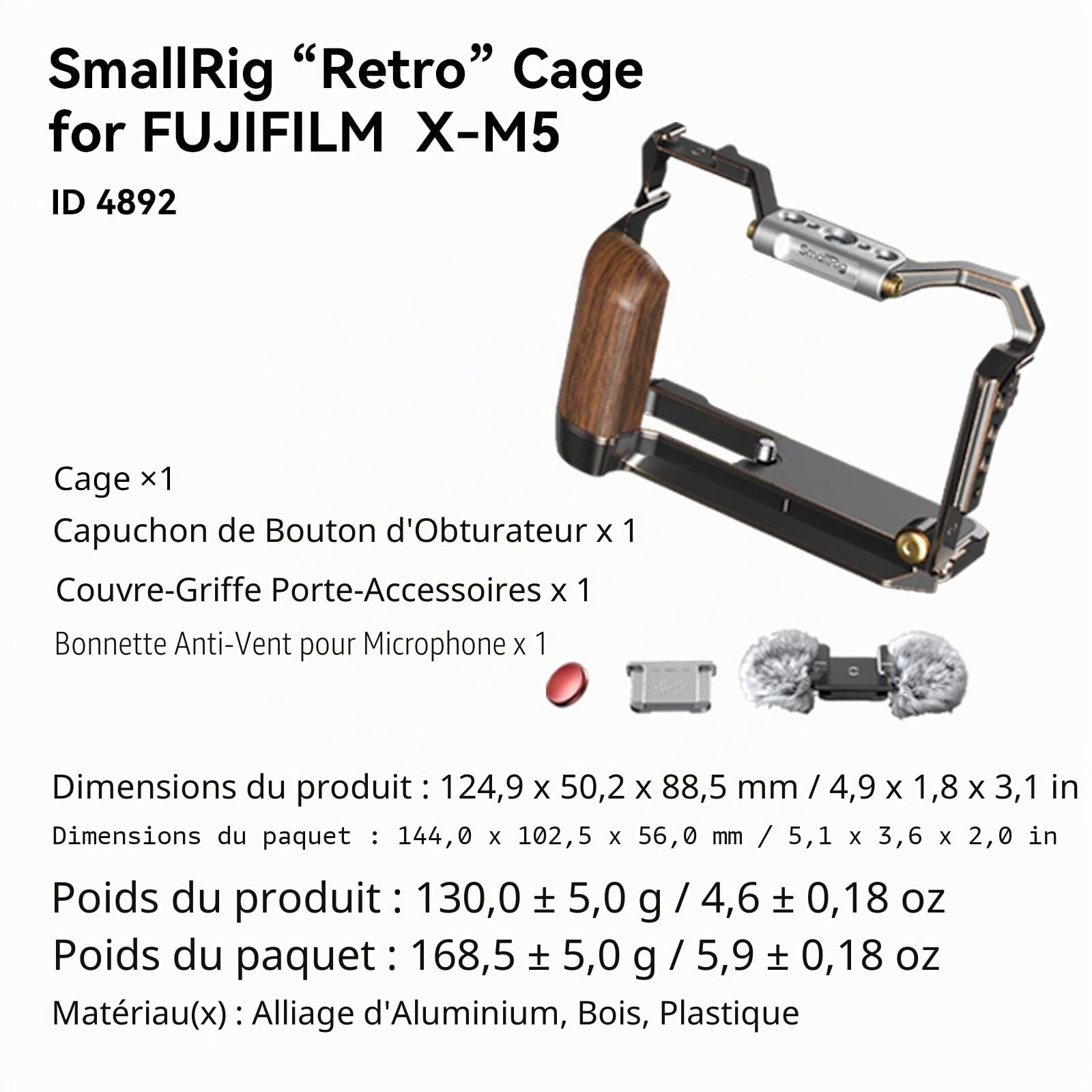 SMALLRIG Cage « Retro » pour FUJIFILM X-M5, avec Poignée en Bois Intégrée et Plaque de Fixation Rapide pour Arca, avec Pare-Brise/Cache-Accessoire/Bouton de Déclenchement de l'obturateur - 4892