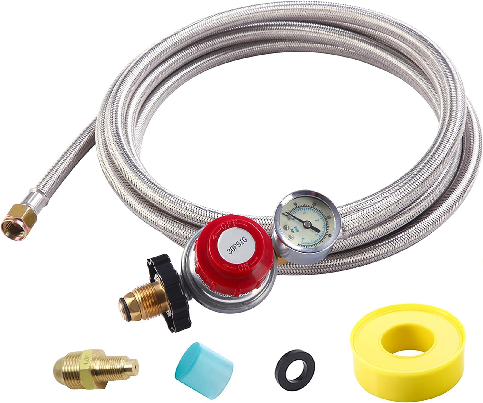 12 Foot High Pressure Adjustable Propane Regulator 0-30 PSI with Gauge 0~60PSI Gas Flow Indicator, Gas Cooker-3/8inch Female Flare Fitting, Stainless Steel Braided Hose and Gas Grill LP Regulator โฆ