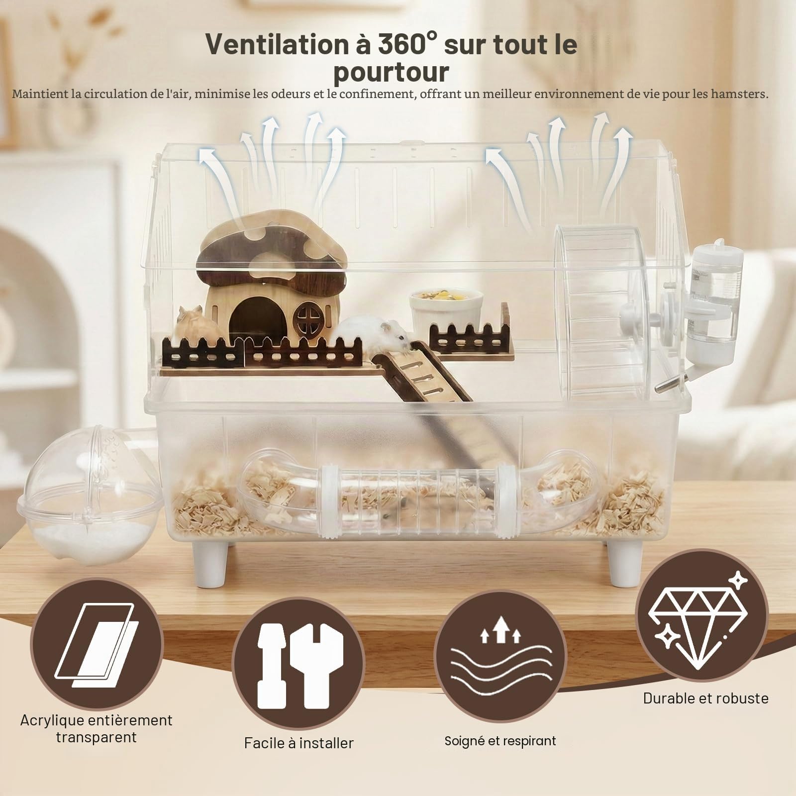 Grande cage pour hamster syrien à 2 couches, en acrylique, avec fenêtre de visualisation, 45 x 28 x 34 cm, entièrement transparente, avec décoration de maison de champignons, cage à souris pour