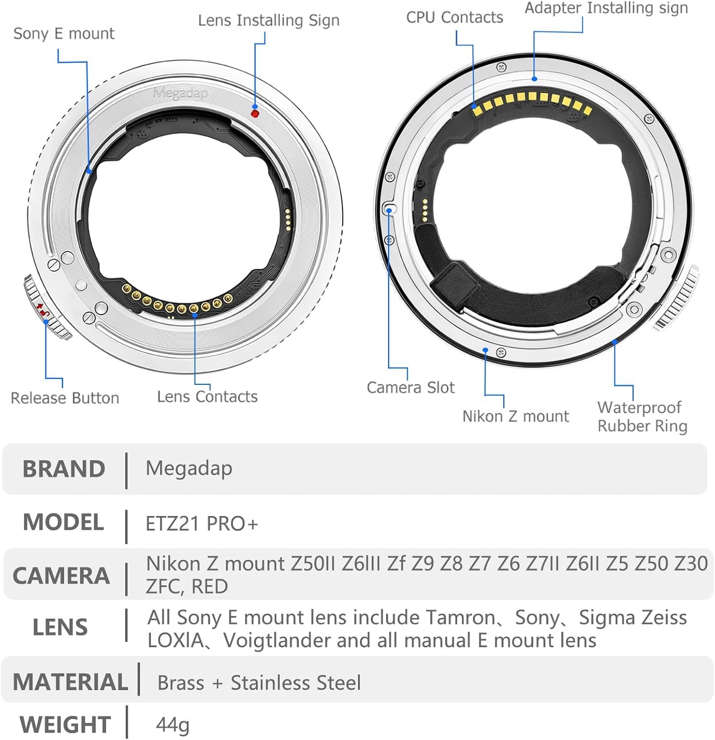 Adattatore di messa a fuoco automatica Megadap ETZ21 Por+ compatibile con obiettivo Sony FE Sigma Tamron Serie FE per fotocamera Nikon Z Mount Zf Z9 Z8 Z7 Z6 Z6III Z7II Z6II Z5 Z50 Z30 ZFC