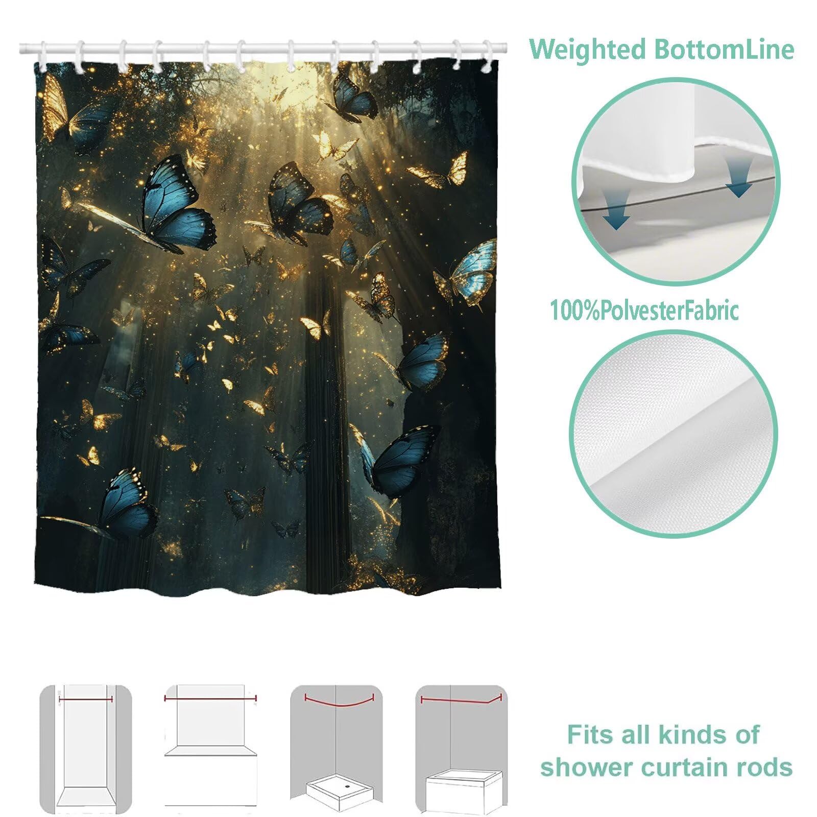 Duschvorhang 240x200 cm, Shower Curtains Schmetterling, Duschvorhänge Wald Wasserabweisend, Antischimmel, Waschbar Extra Breit Polyester Stoff Badevorhänge mit 12 Ringe, für Badewanne 9Q-220