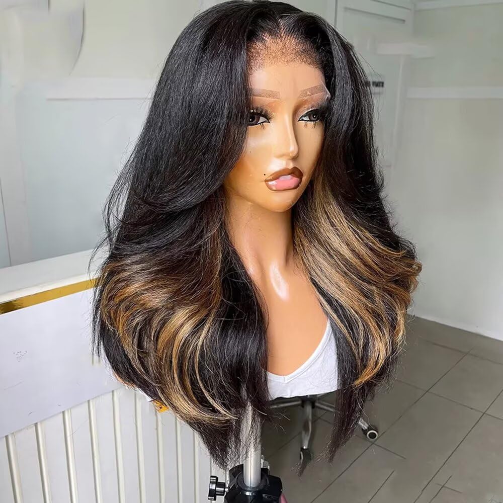 4C Kinky Edges Glueless Wig Pre Plucked 1B 27 Colored Kinky Straigh 13X4 Glueless Transparent HD Invisible Lace Front Wigs Brazilian Virgin Bleached Knots Wig with Curly Baby Hair 150% Density