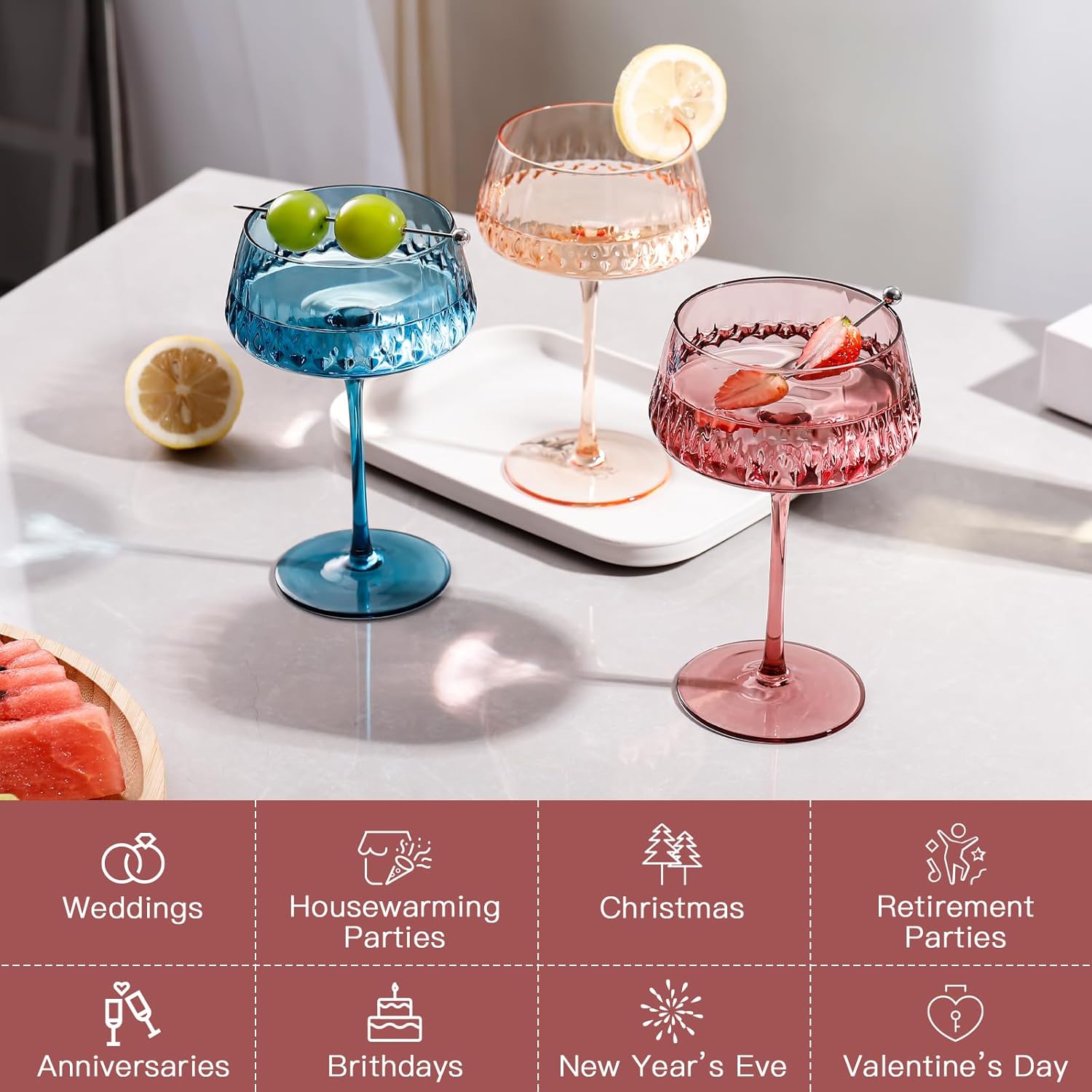 Colored Martini Glasses Set of 6, Hand Blown Colorful Cocktail Glass 14Oz, Large Vintage Champagne Coupe Glasses,Crystal Retro Style Bar and New Year Drinking Glasses, Valentine's Day Gifts - Image 7